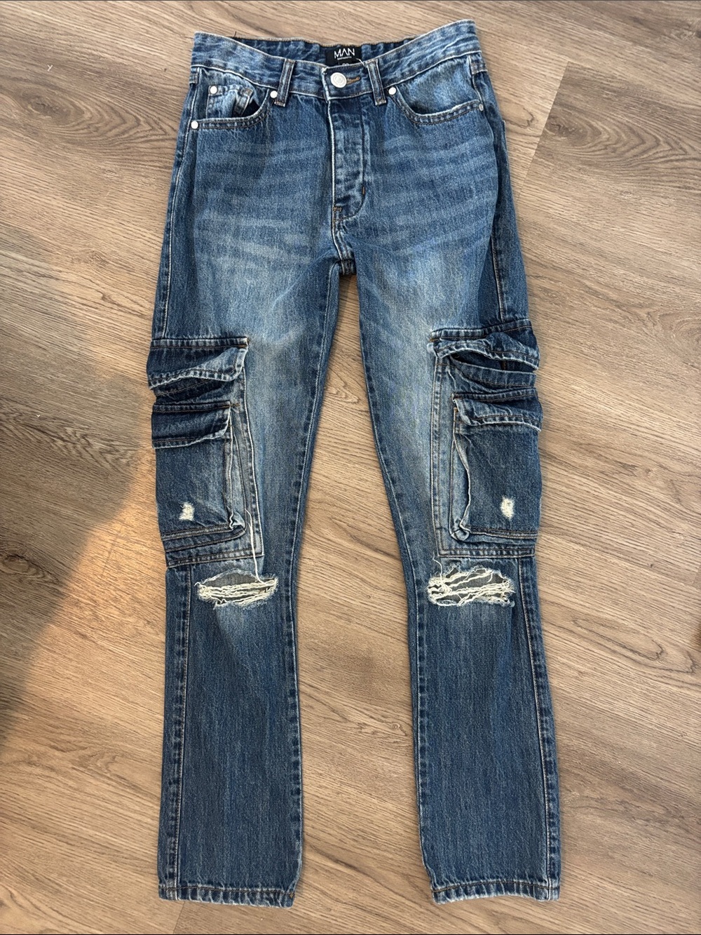 BoohooMAN Distressed Blue Denim Double Pocket Cargo Slim Jeans Button Fly
